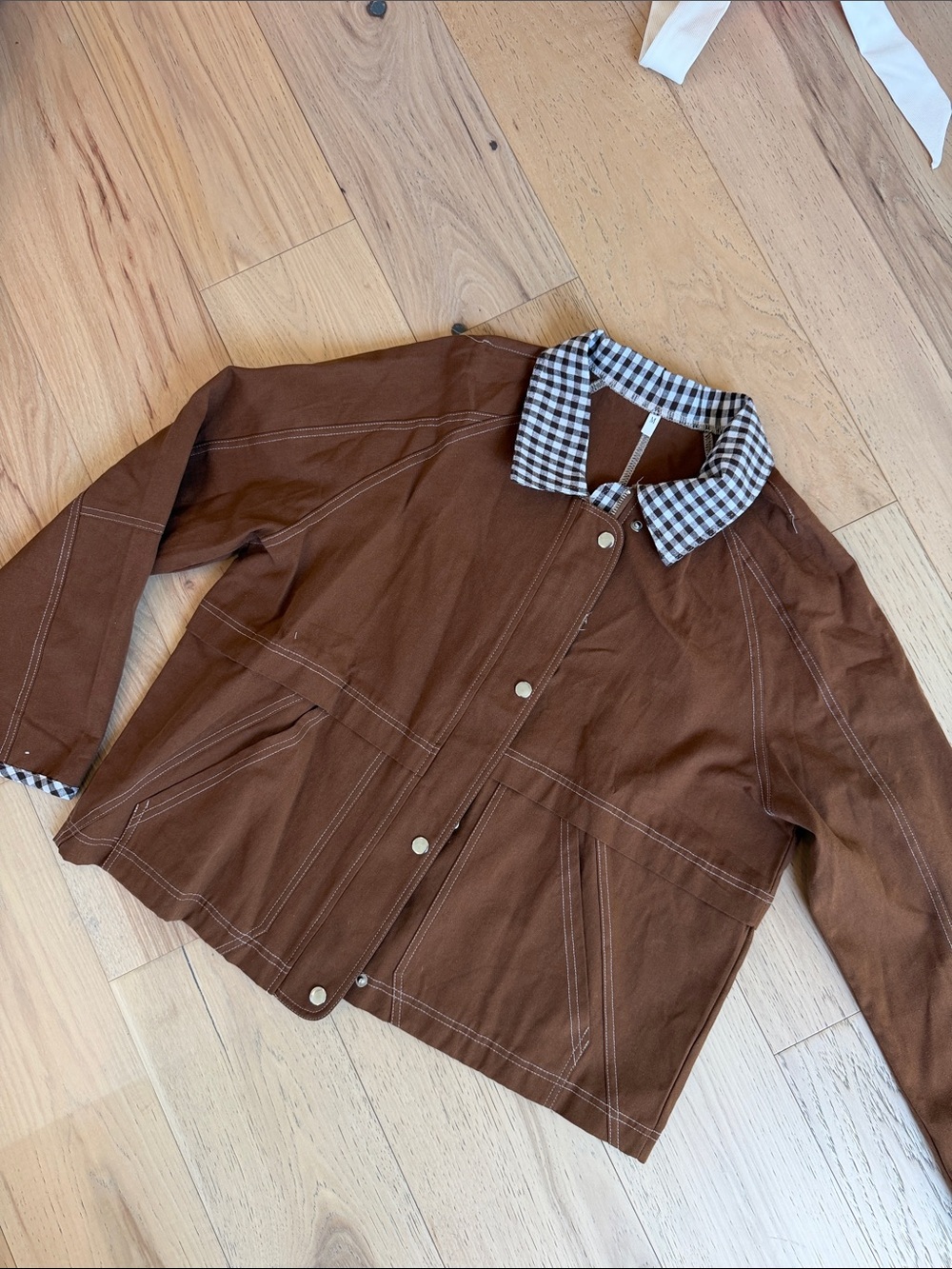 Brown Button-Front Jacket with Gingham Collar